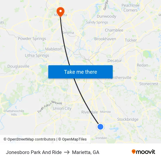 Jonesboro Park And Ride to Marietta, GA map