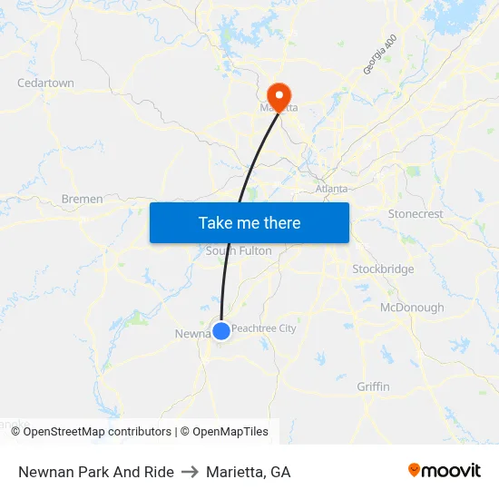 Newnan Park And Ride to Marietta, GA map