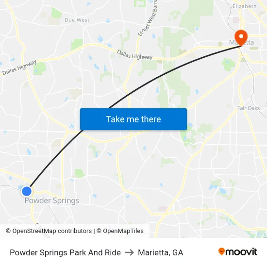 Powder Springs Park And Ride to Marietta, GA map