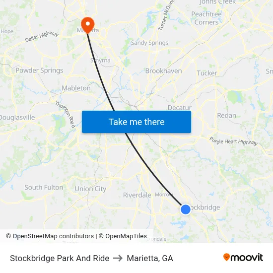 Stockbridge Park And Ride to Marietta, GA map