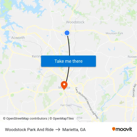 Woodstock Park And Ride to Marietta, GA map