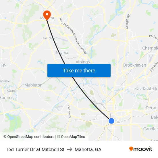 Ted Turner Dr at Mitchell St to Marietta, GA map
