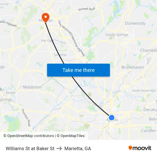 Williams St at Baker St to Marietta, GA map