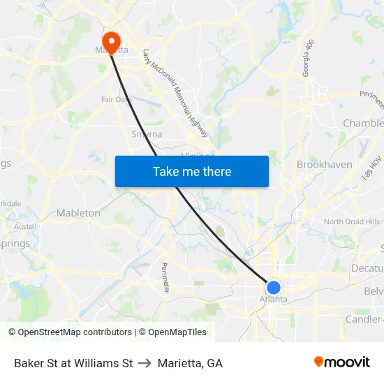 Baker St at Williams St to Marietta, GA map