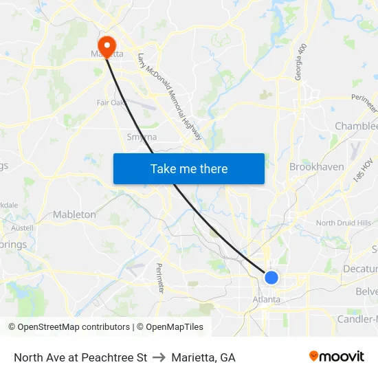 North Ave at Peachtree St to Marietta, GA map