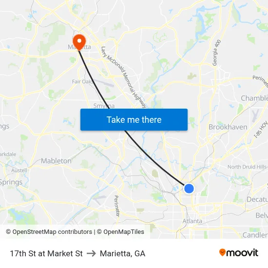 17th St at Market St to Marietta, GA map