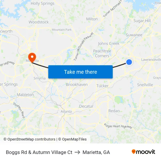 Boggs Rd & Autumn Village Ct to Marietta, GA map