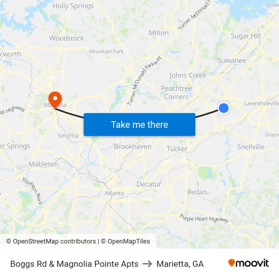 Boggs Rd & Magnolia Pointe Apts to Marietta, GA map