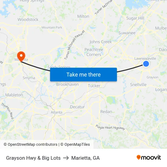 Grayson Hwy & Big Lots to Marietta, GA map