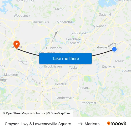Grayson Hwy & Lawrenceville Square Plaza to Marietta, GA map
