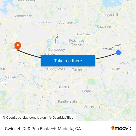 Gwinnett Dr & Pnc Bank to Marietta, GA map