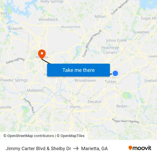Jimmy Carter Blvd & Shelby Dr to Marietta, GA map