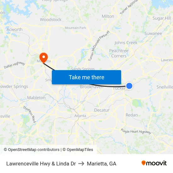 Lawrenceville Hwy & Linda Dr to Marietta, GA map