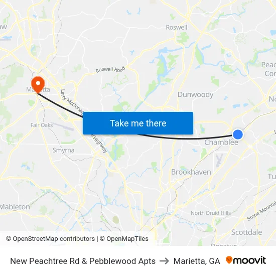 New Peachtree Rd & Pebblewood Apts to Marietta, GA map