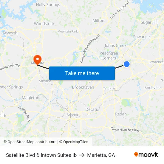 Satellite Blvd & Intown Suites Ib to Marietta, GA map