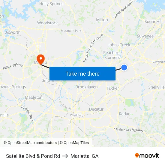 Satellite Blvd & Pond Rd to Marietta, GA map