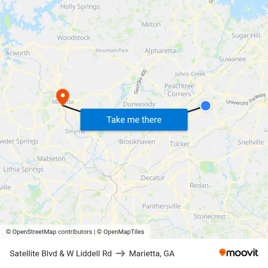 Satellite Blvd & W Liddell Rd to Marietta, GA map