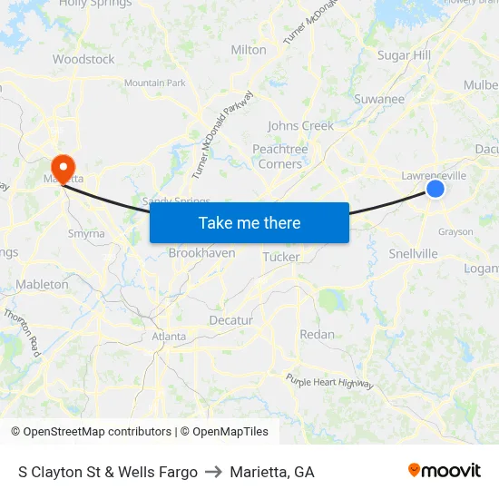 S Clayton St & Wells Fargo to Marietta, GA map