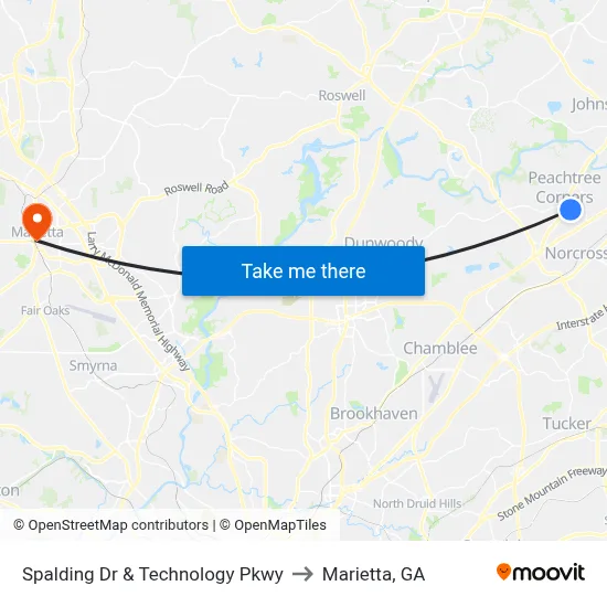 Spalding Dr & Technology Pkwy to Marietta, GA map