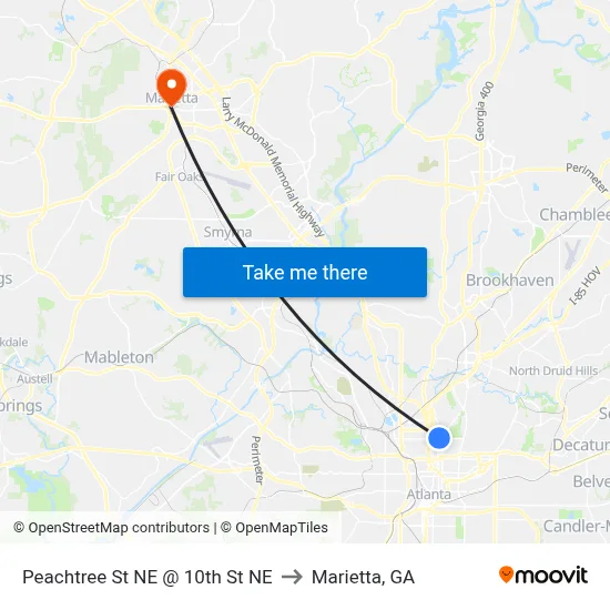 Peachtree St NE @ 10th St NE to Marietta, GA map
