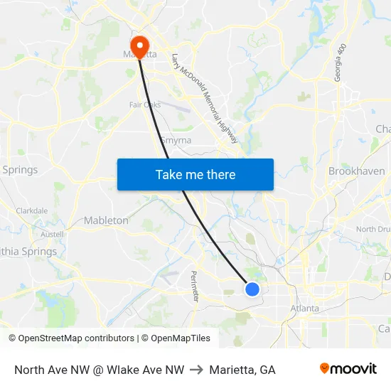 North Ave NW @ Wlake Ave NW to Marietta, GA map