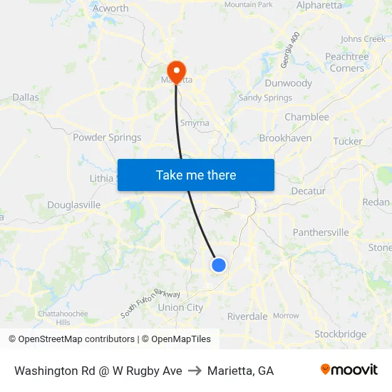 Washington Rd @ W Rugby Ave to Marietta, GA map