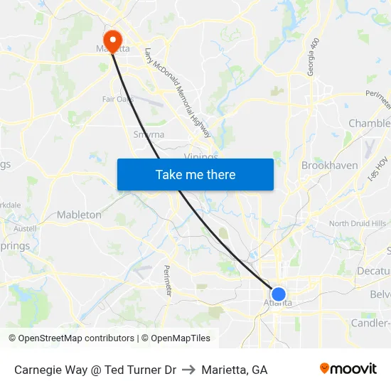 Carnegie Way @ Ted Turner Dr to Marietta, GA map