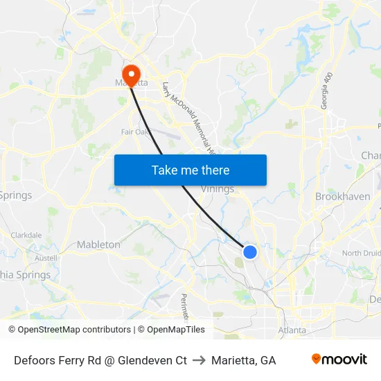Defoors Ferry Rd @ Glendeven Ct to Marietta, GA map