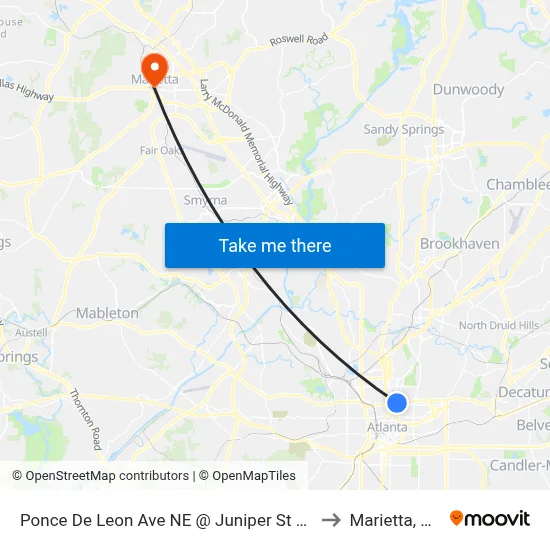 Ponce De Leon Ave NE @ Juniper St NE to Marietta, GA map