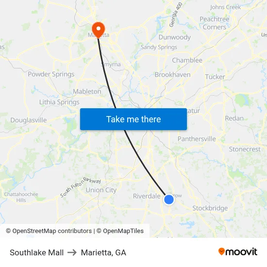 Southlake Mall to Marietta, GA map