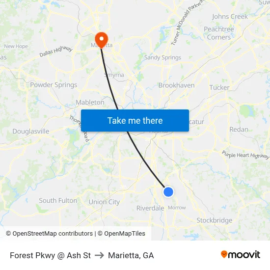 Forest Pkwy @ Ash St to Marietta, GA map