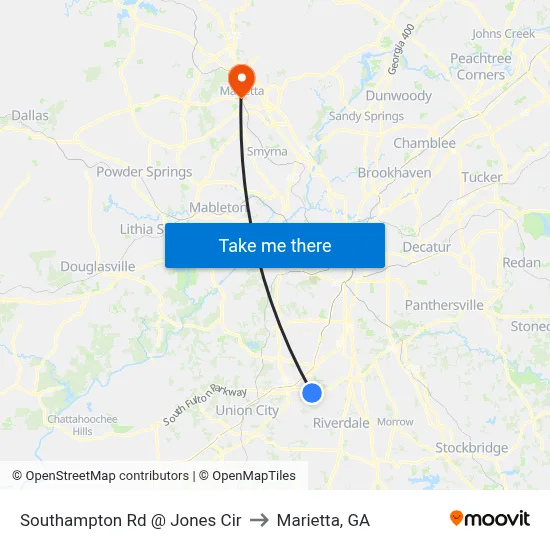 Southampton Rd @ Jones Cir to Marietta, GA map