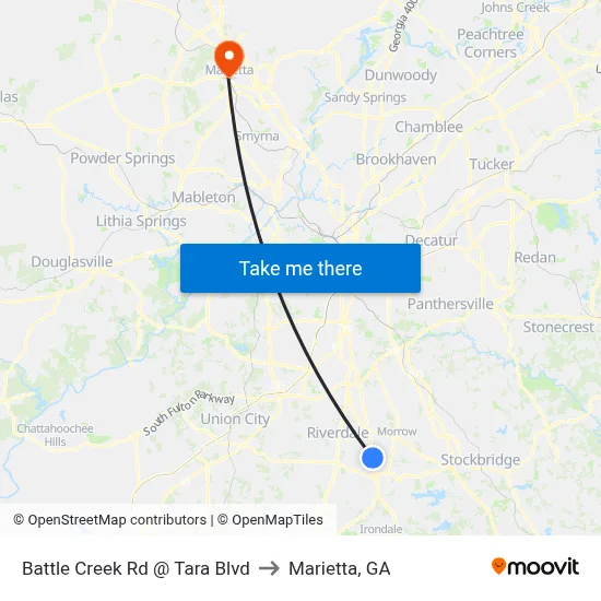 Battle Creek Rd @ Tara Blvd to Marietta, GA map