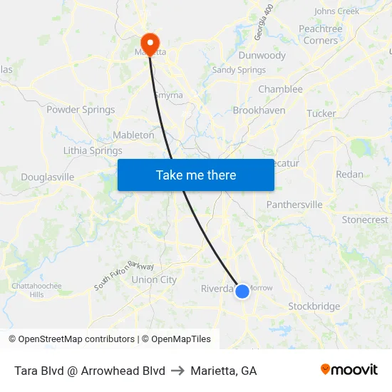 Tara Blvd @ Arrowhead Blvd to Marietta, GA map