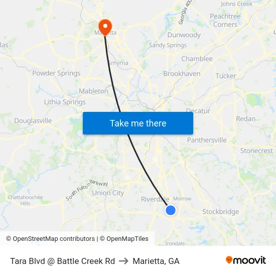 Tara Blvd @ Battle Creek Rd to Marietta, GA map