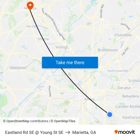 Eastland Rd SE @ Young St SE to Marietta, GA map