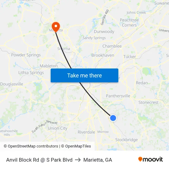Anvil Block Rd @ S Park Blvd to Marietta, GA map