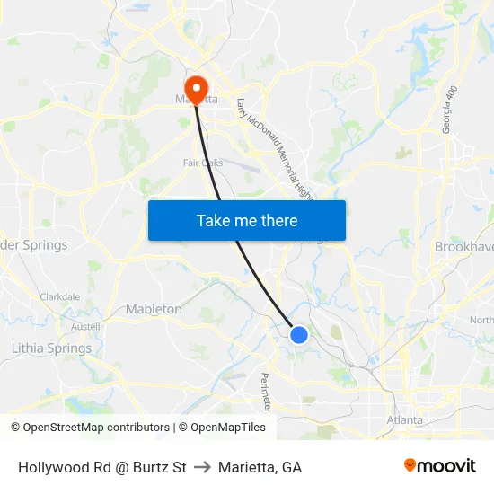 Hollywood Rd @ Burtz St to Marietta, GA map