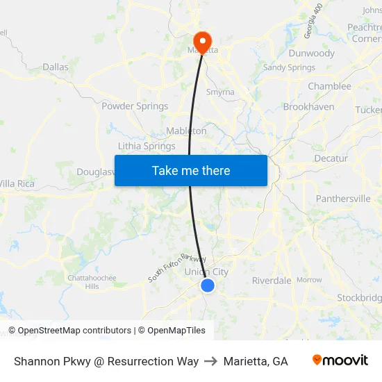 Shannon Pkwy @ Resurrection Way to Marietta, GA map