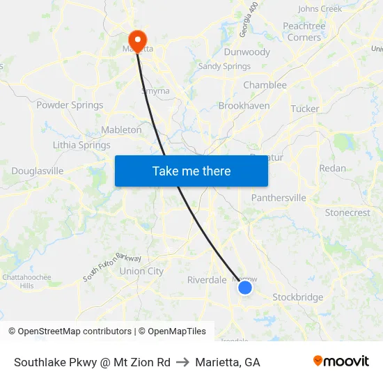 Southlake Pkwy @ Mt Zion Rd to Marietta, GA map