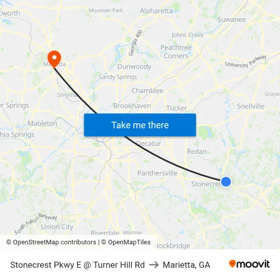 Stonecrest Pkwy E @ Turner Hill Rd to Marietta, GA map