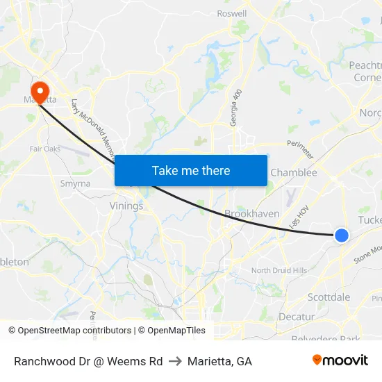 Ranchwood Dr @ Weems Rd to Marietta, GA map