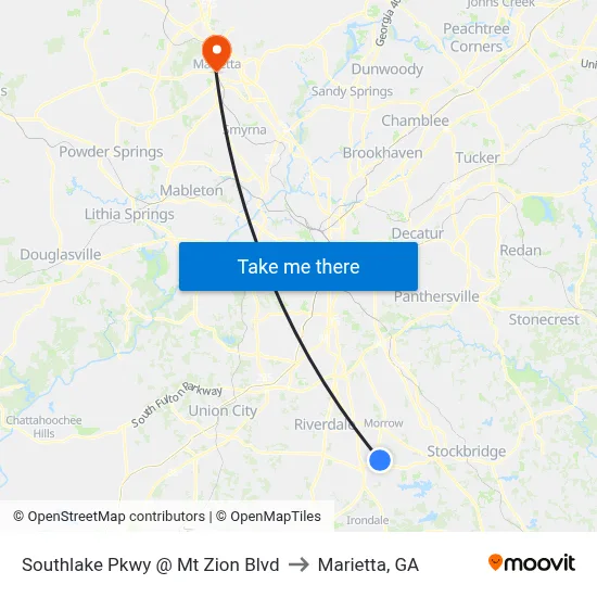 Southlake Pkwy @ Mt Zion Blvd to Marietta, GA map