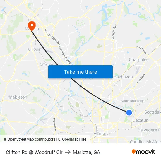 Clifton Rd @ Woodruff Cir to Marietta, GA map