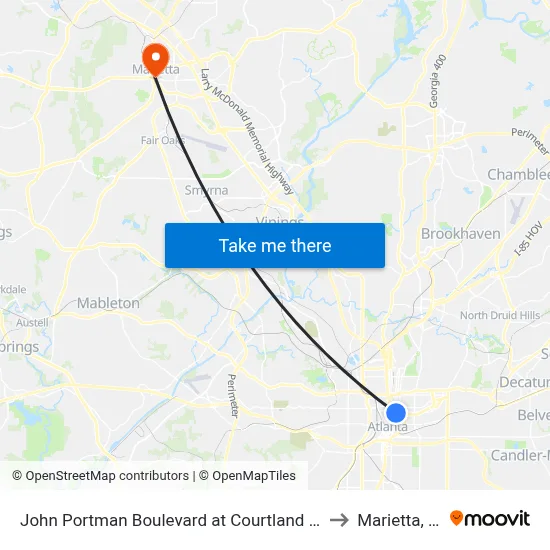 John Portman Boulevard at Courtland Street to Marietta, GA map