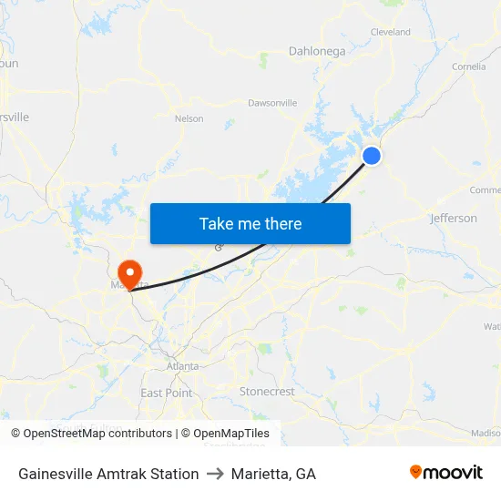 Gainesville Amtrak Station to Marietta, GA map