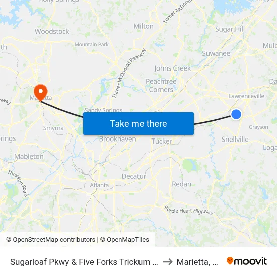 Sugarloaf Pkwy & Five Forks Trickum Rd to Marietta, GA map