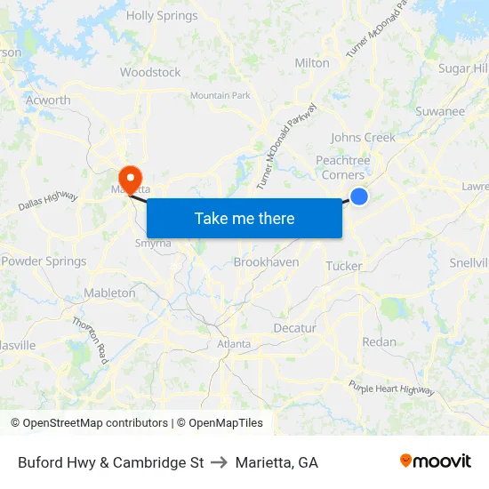 Buford Hwy & Cambridge St to Marietta, GA map