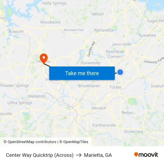 Center Way Quicktrip (Across) to Marietta, GA map