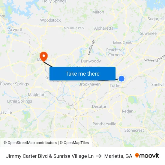Jimmy Carter Blvd & Sunrise Village Ln to Marietta, GA map